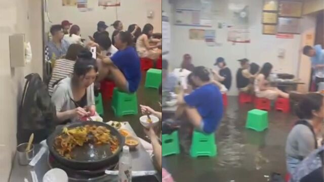 贵阳暴雨一饭店积水20厘米顾客淡定吃饭,经理:习惯了,每年都要淹几次