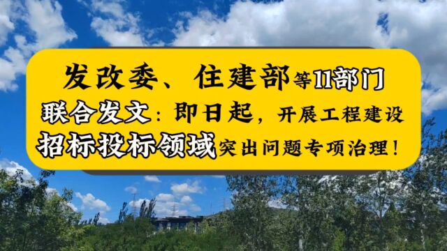 重磅!国家发改委、住建部等11部门联合发文:即日起,开展工程建设招标投标领域突出问题专项治理!