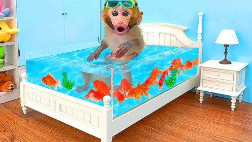 有趣的小猴子：小猴子去河边钓鱼，和小金鱼在水池里游泳！