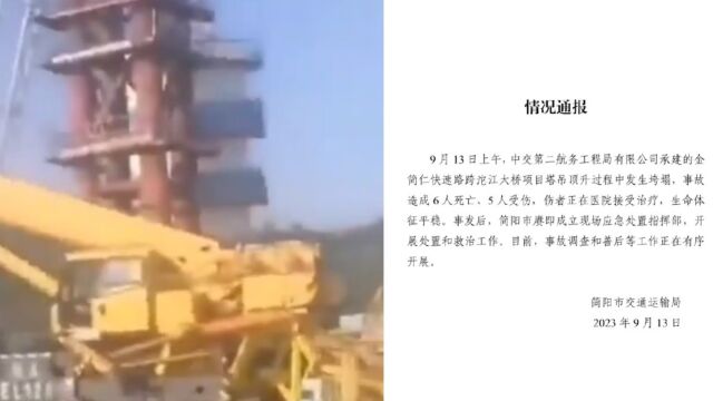 四川简阳一大桥项目塔吊作业时垮塌 致6人死亡、5人受伤