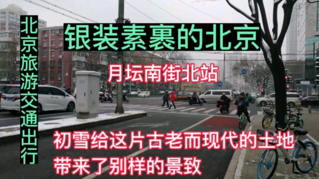 银装素裹的北京,月坛南街北站,北京市中心区域,初雪交通出行