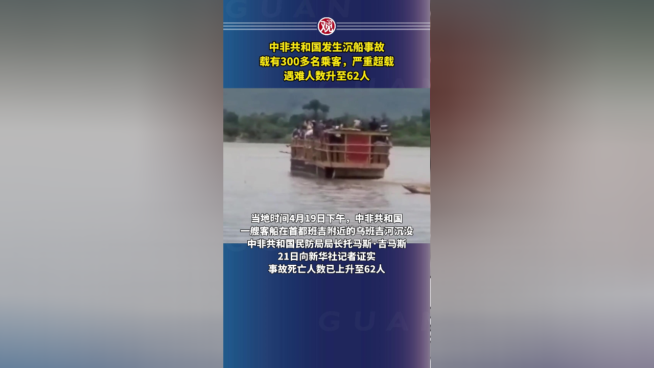 中非共和国发生沉船事故,载有300多名乘客,严重超载,遇难人数升至62人