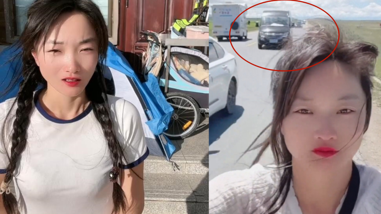 徒步女网红公路边直播时被车撞,现场视频曝光,汽车突然转向将其撞翻