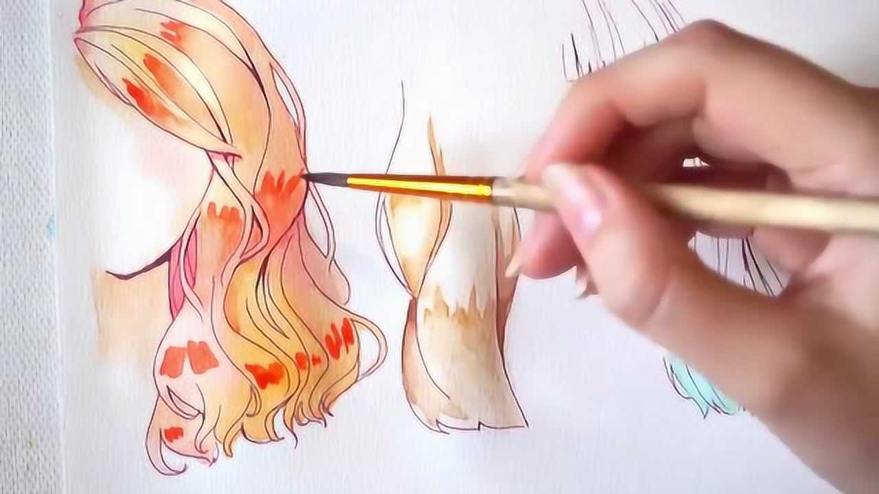 女生人物的头发怎么画画法步骤视频教程用水彩给头发上色_高清