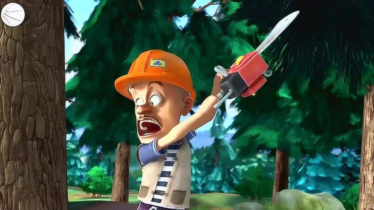 熊出没:光头强拿着伐木锯砍树的时候,被熊大熊二给阻止了.