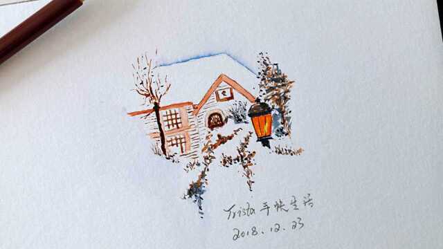 有温度的手帐插画,雪地里的茅草屋