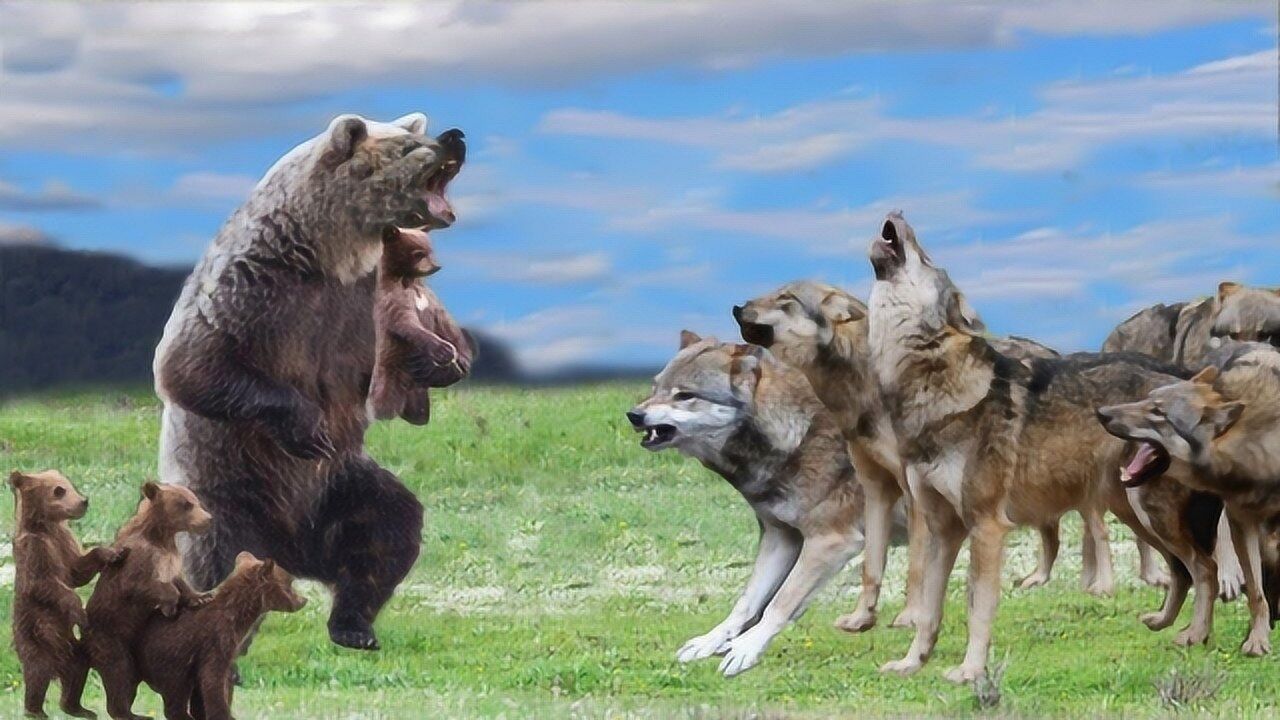 5匹狼围攻棕熊母子,熊妈护子心切大战狼群,镜头记录惨烈全程