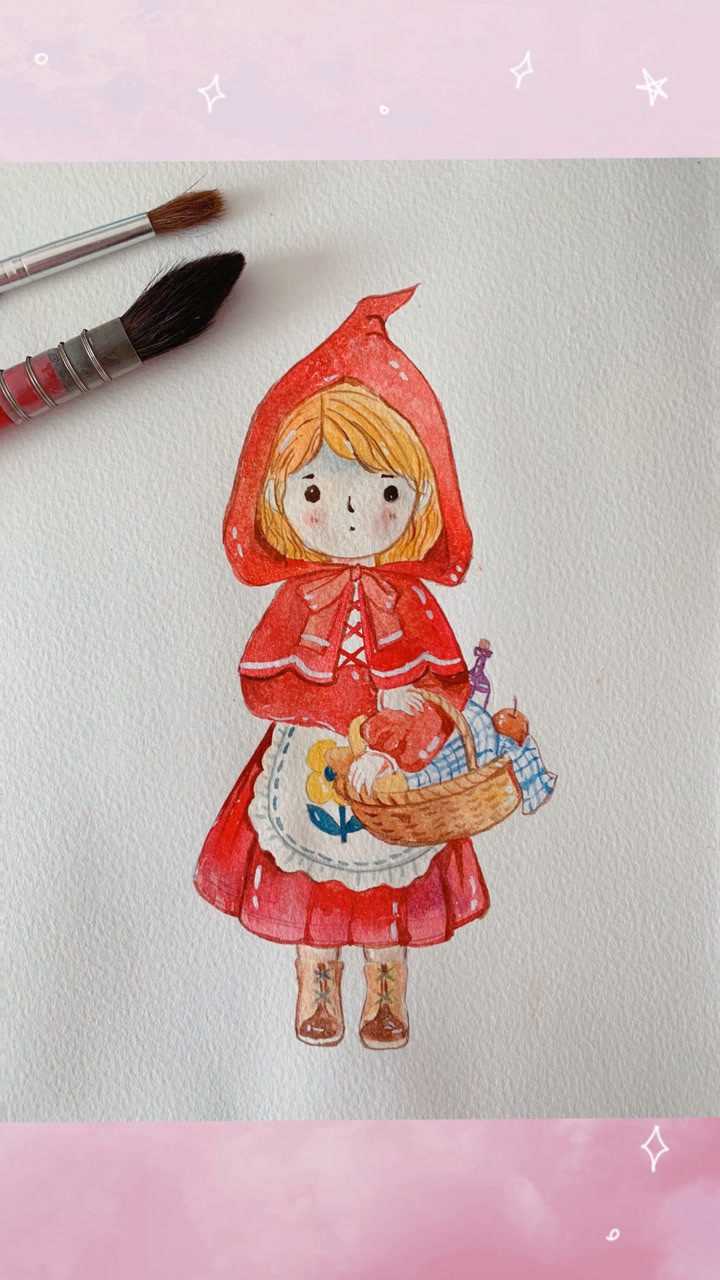 水彩绘画作品 小红帽