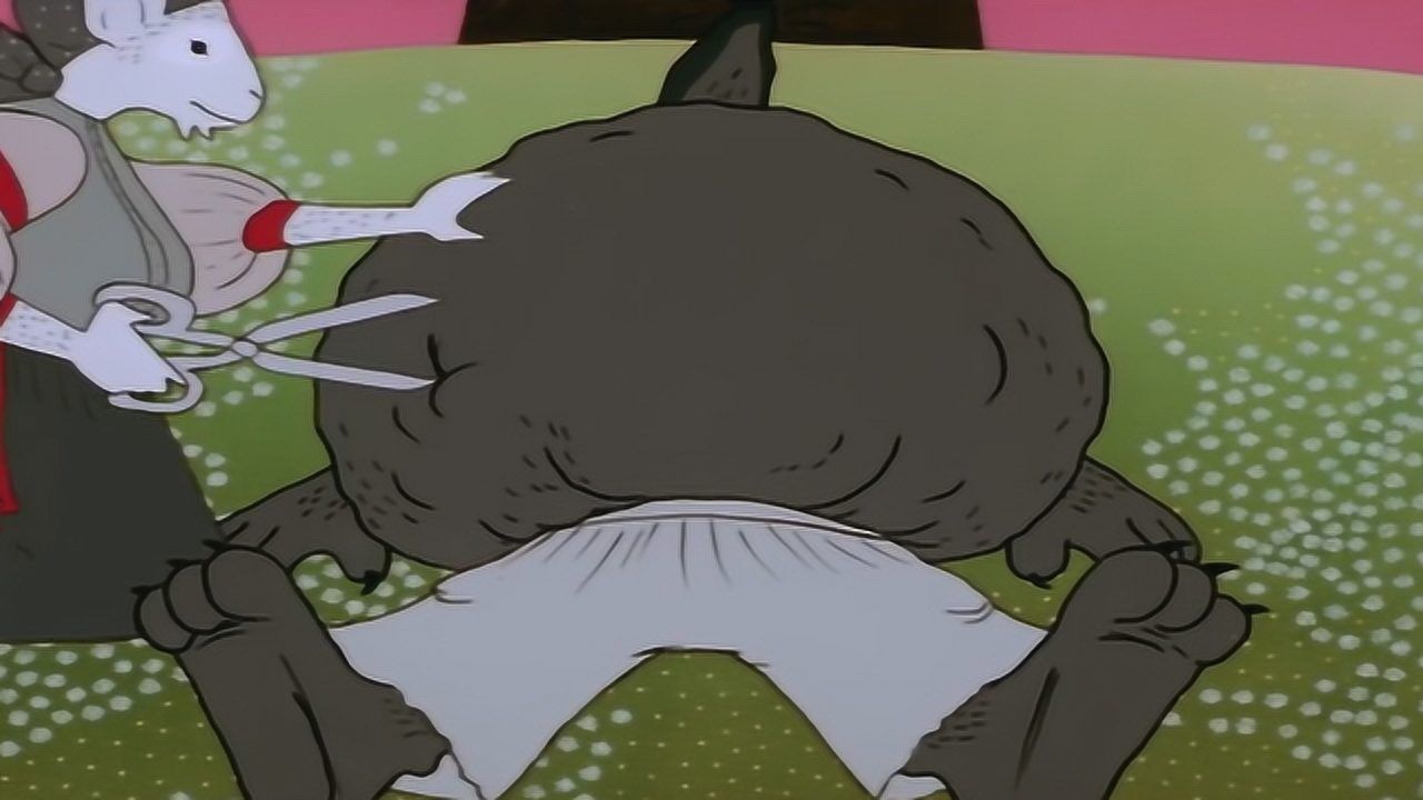 大灰狼吃掉六只小羊羊妈妈拿着剪刀就把狼肚子剪开了还灌了一堆石头