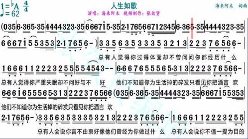 海來阿木演唱《人生如歌》的動態有聲簡譜