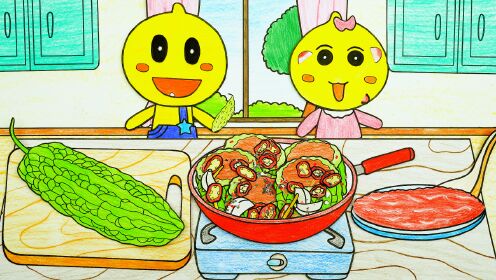 手绘定格动画:豆咪脸上长了痘痘,豆乐做苦瓜酿肉给豆咪吃