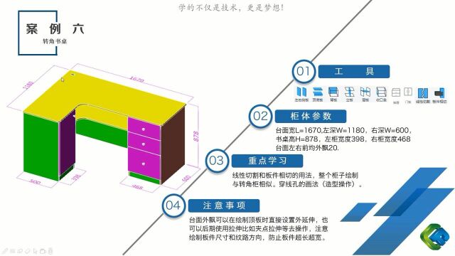 转角书桌:使用切割工具进行转角书桌的绘制及侧面绘制门板抽屉的操作