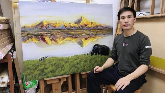 日照金山风景油画江志芳创作蜀山之王贡嘎雪山90*120cm