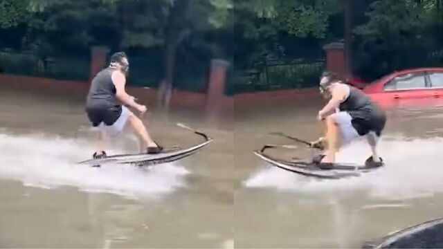 无锡暴雨路面积水轿车被淹,男子开冲浪板上班:绕路3公里得迟到