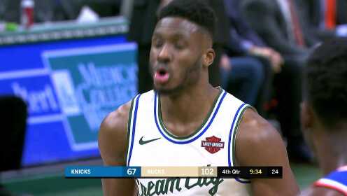 《NBA全场回放》【回放】尼克斯vs雄鹿第4节 DJ威尔森飞翔隔扣