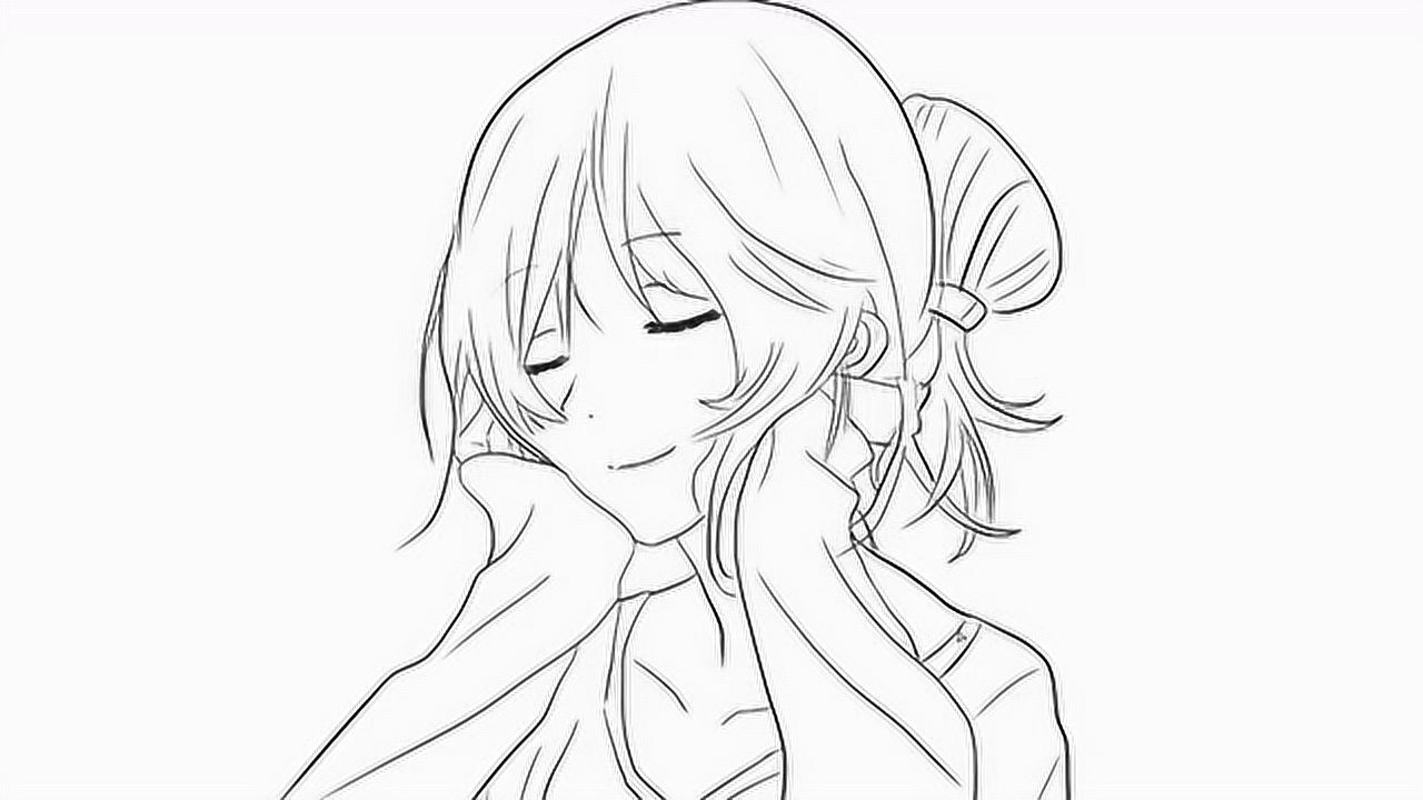 闭眼聆听的优雅女孩动漫人物简笔画