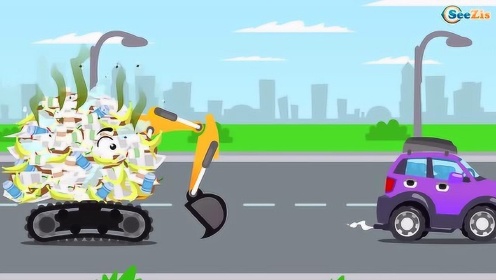 大脚车破坏垃圾场小镇到处是垃圾挖掘机追赶大脚车 动画片