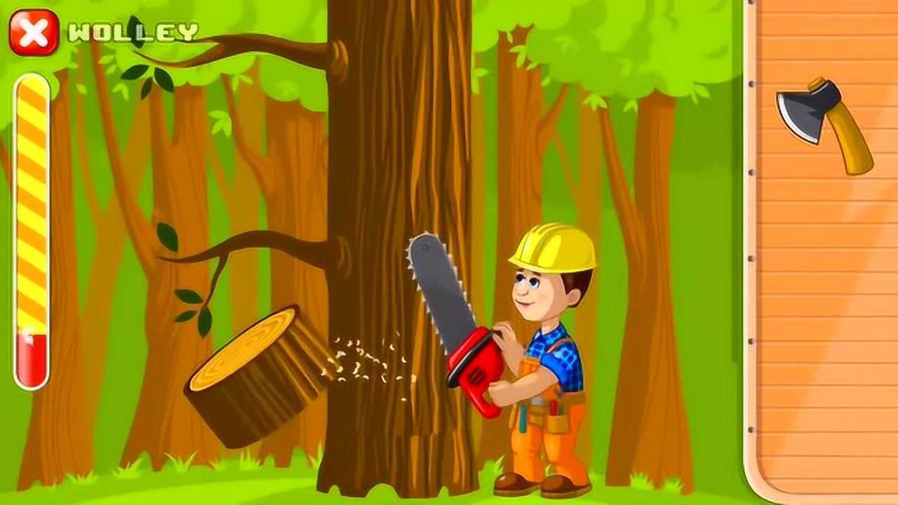 伐木工人趣味休闲小游戏:电锯斧头在树林里砍树