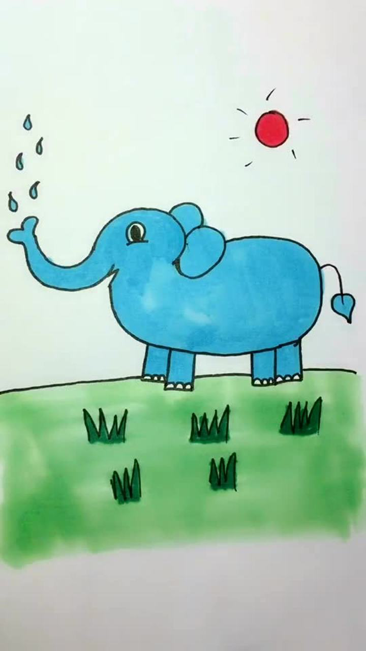 大象戏水简笔画彩色图片