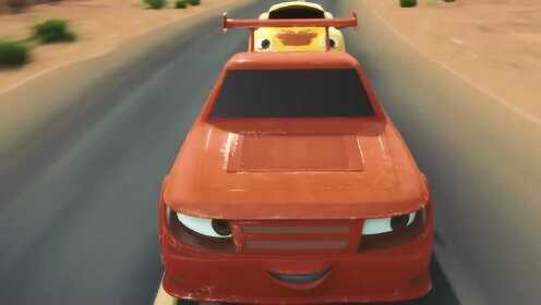 几辆小汽车赛车,黄汽车本可以拿第一,却因为油洒到地上滑到海里