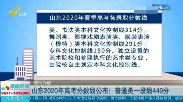 山东2020年高考分数线公布!普通类一段线449分