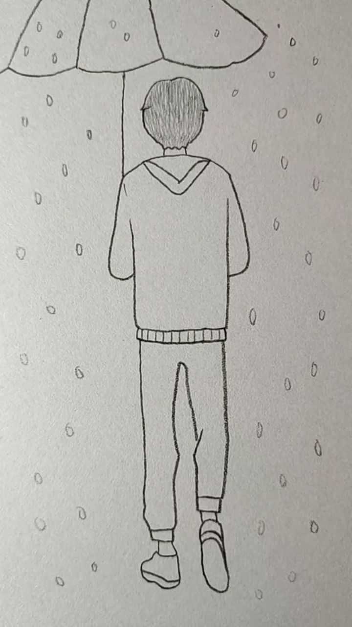 画雨中的男孩背影