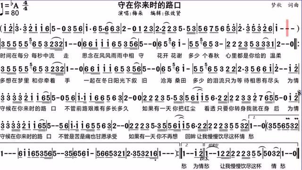 梅朵演唱守在你来时的路口的动态有声简谱