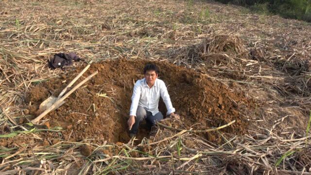 甘蔗地里发现一个很大的地洞,阿才开挖了几个小时,弄得精疲力尽