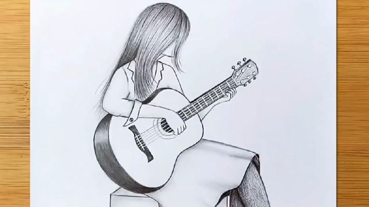 铅笔画素描弹吉他的小女孩