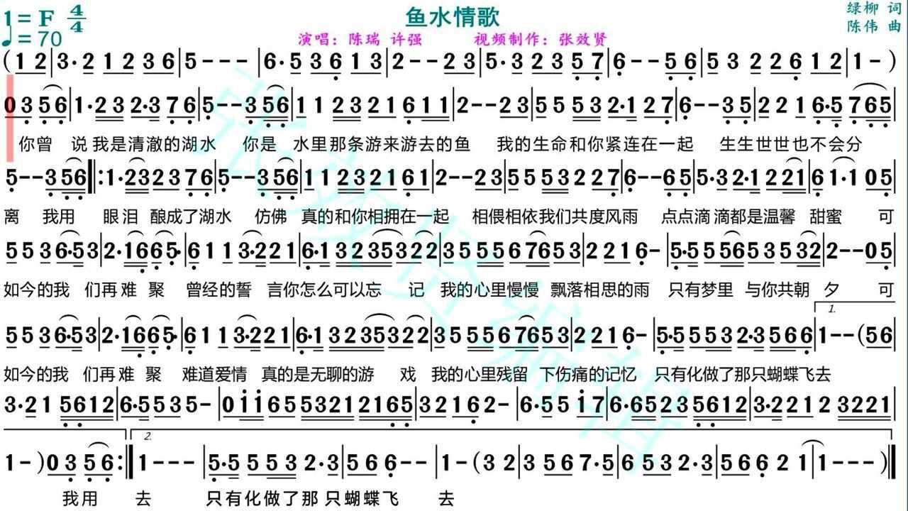 陈瑞和许强演唱《鱼水情歌》的光标跟随动态有声简谱