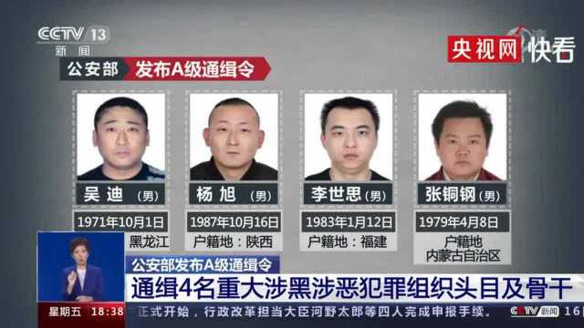 公安部公开通缉4名重大涉黑涉恶犯罪组织头目及骨干人员