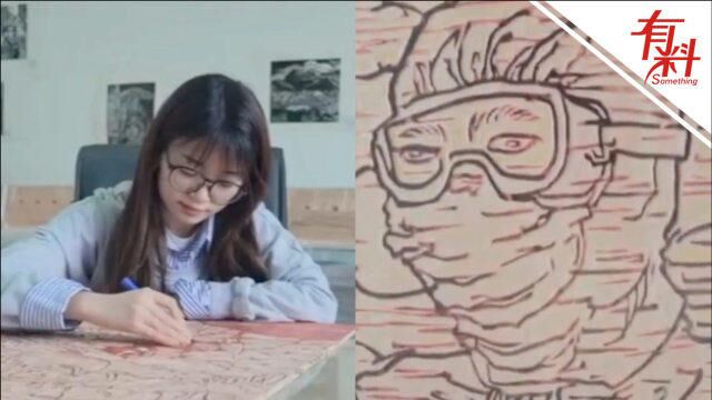 高校女生用木刻版画致敬战疫英雄 画中人物层次分明栩栩如生