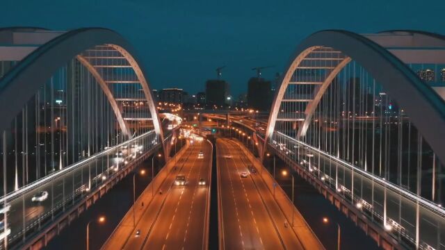 航拍城市公路桥梁大桥夜色夜景美景车流建筑素材