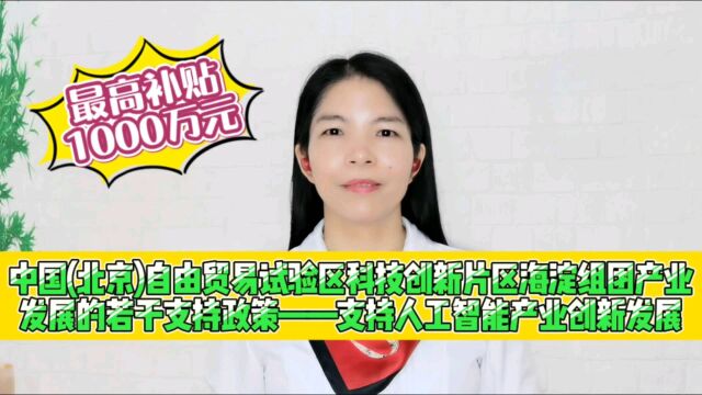 北京自由贸易试验区科技创新片区海淀组团支持人工智能产业创新发展