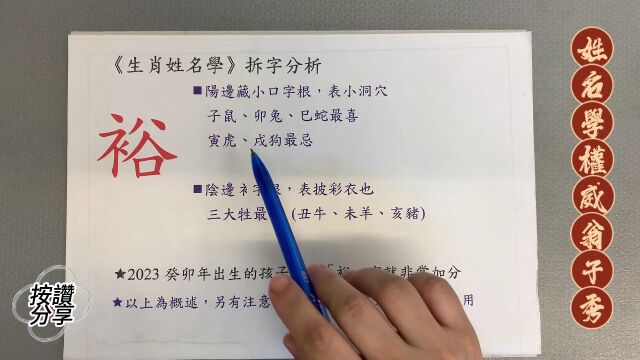 《翁子秀十神生肖姓名学》姓名拆字分析(裕)