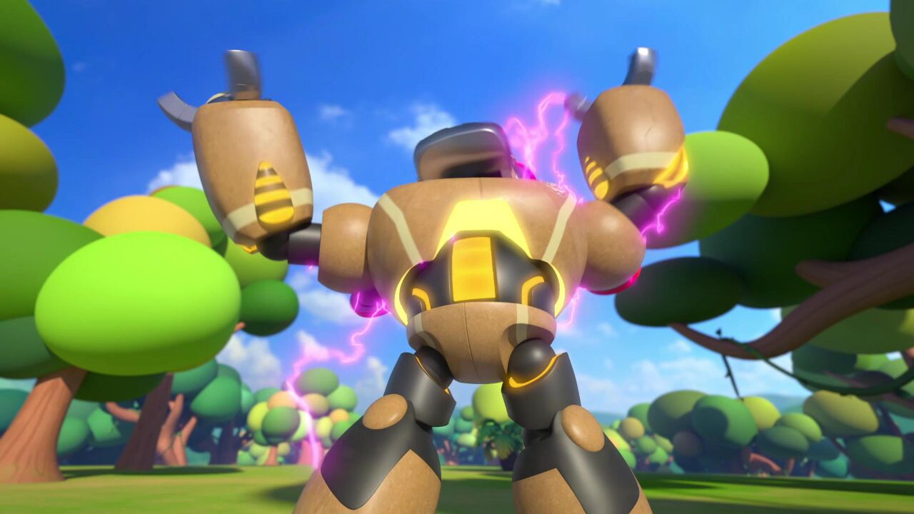 机器人的手变成电钻攻击布鲁可的防护罩