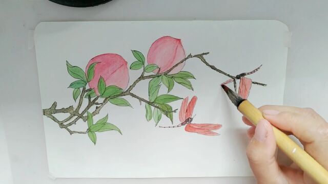 工笔花鸟绘画,红蜓绕粉桃