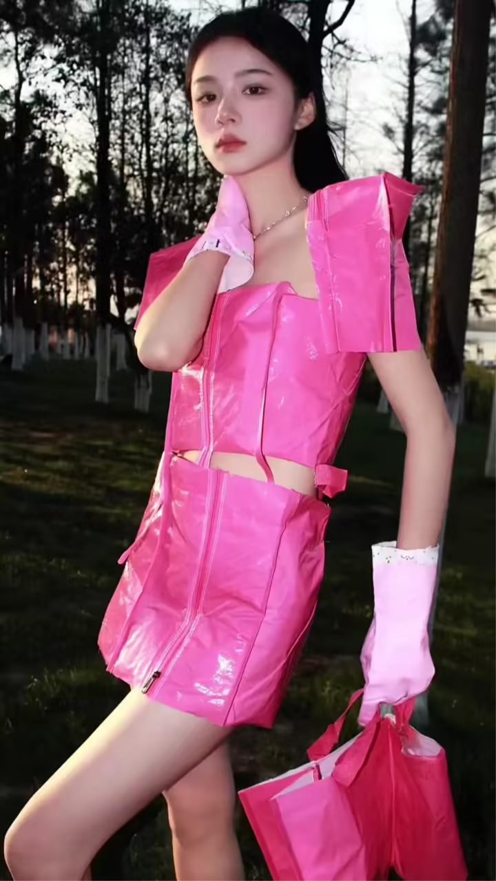 今天用装衣服的蛇皮袋 拍一组时尚大片