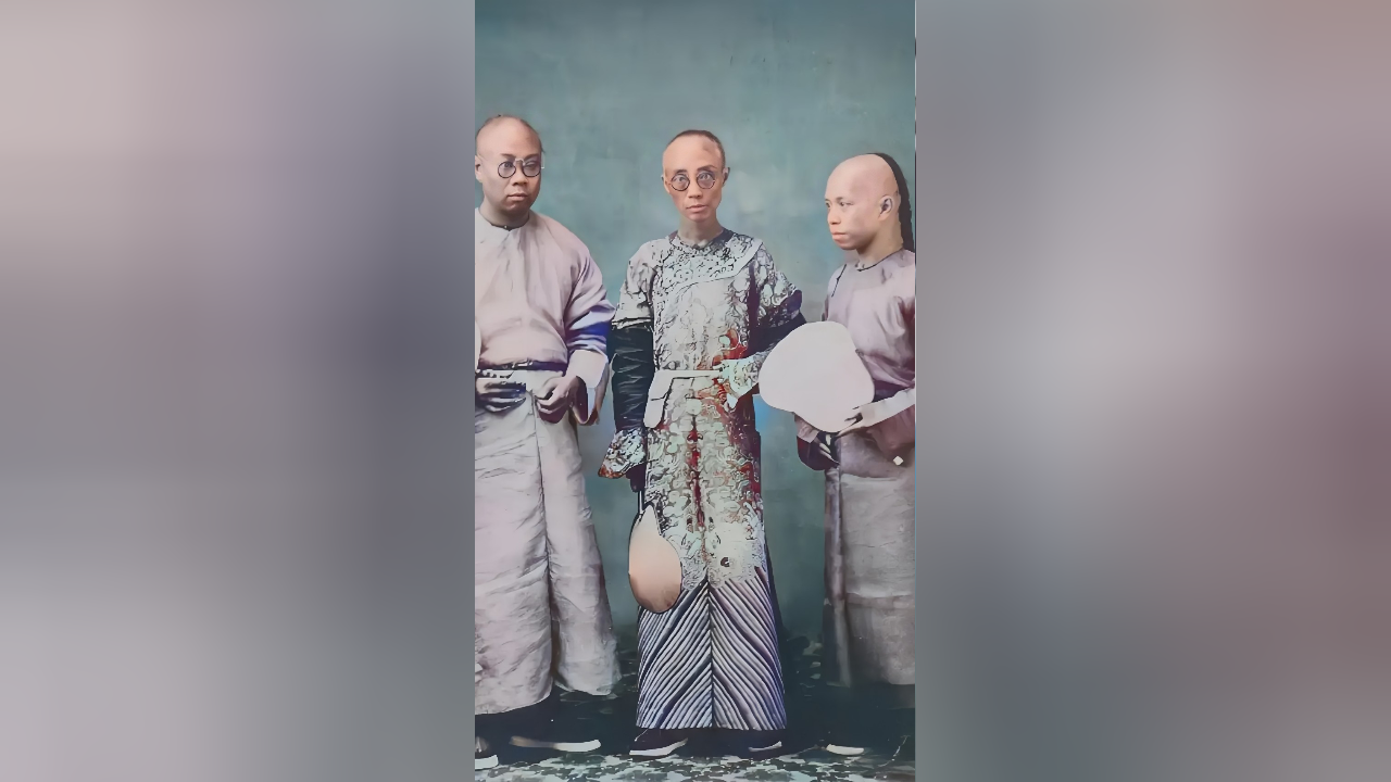 晚清旧影:1890年,一位身穿蟒袍的八旗子弟,身消体瘦,神情呆滞