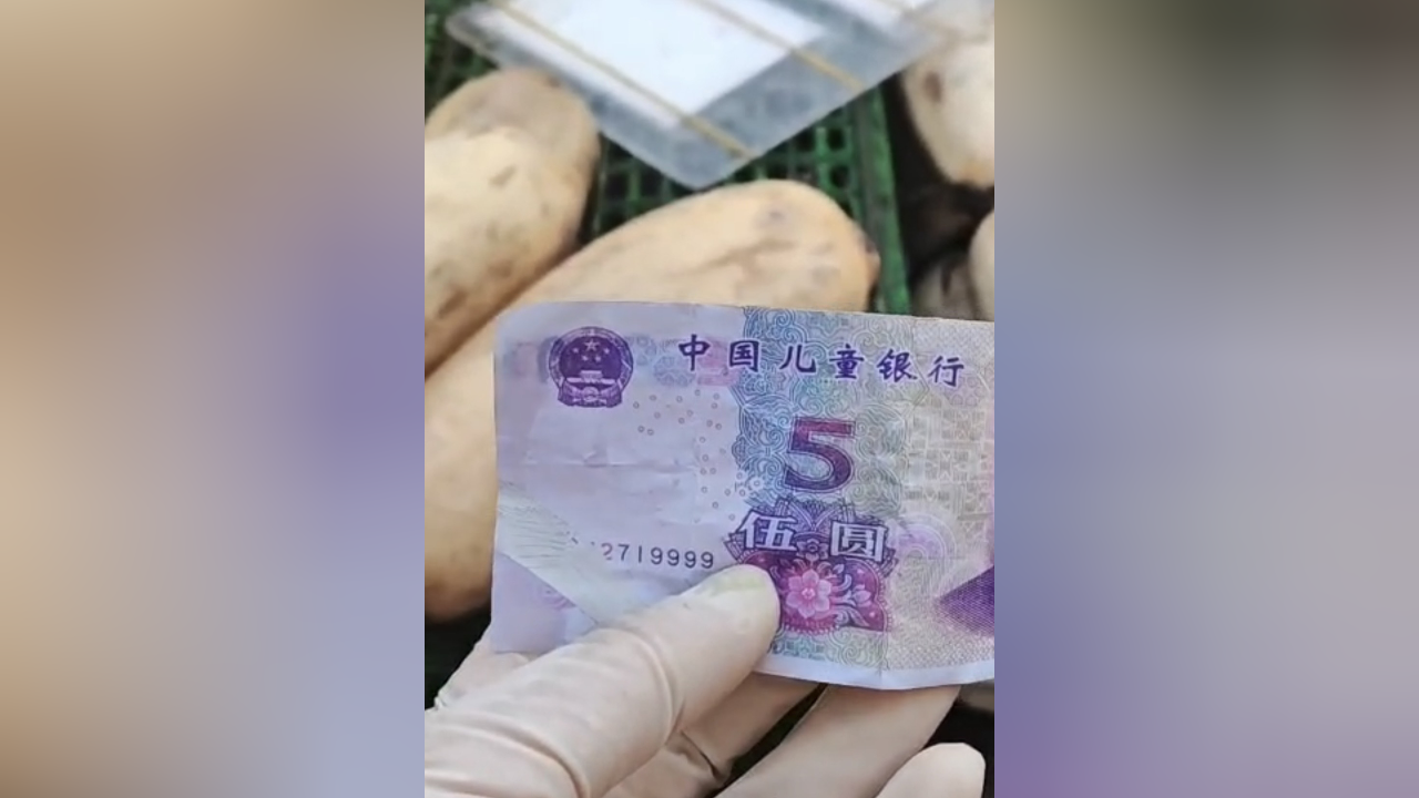 女子卖莲藕收到5元假币,假币上印着"中国儿童银行"