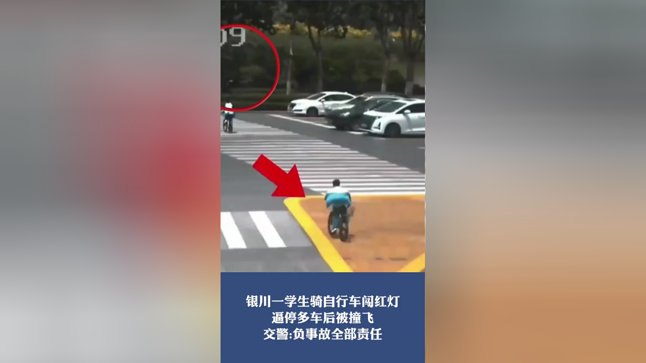 银川一学生骑自行车闯红灯逼停多车后被撞飞交警负事故全部责任