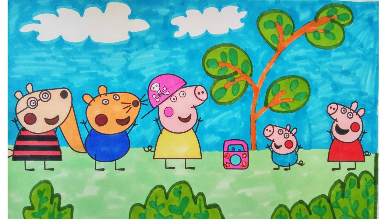 小猪佩奇佩奇和堂姐朋友们一起跳舞简笔画