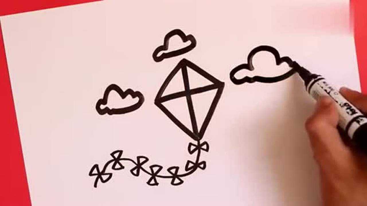 创意简笔画数字四变形成风筝一起放飞亲手画的风筝吧