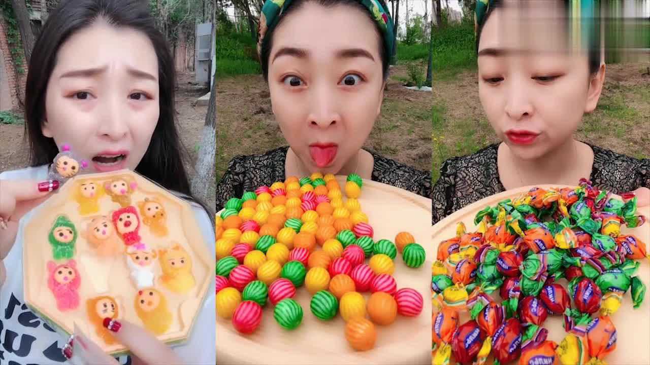 美女直播吃西瓜泡泡糖,彩色小糖果,口味任意选,向往的生活