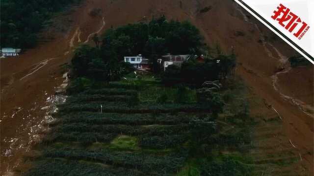 航拍贵州六盘水滑坡现场 黄土从山顶滑落至山底