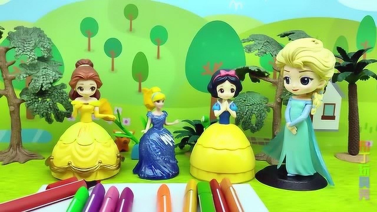 白雪公主贝儿公主冰雪公主进行画画比赛结果把裙子弄脏了这可怎么办