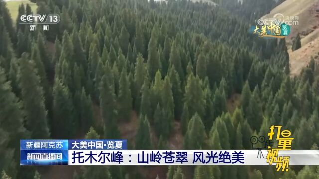 新疆:托木尔峰山岭苍翠,雪山云缠雾绕白雪皑皑,与绿树交相辉映