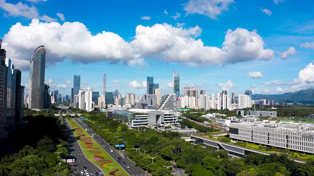 航拍深圳深南大道,竹子林,香蜜湖片区及中央商业区平安大厦风貌