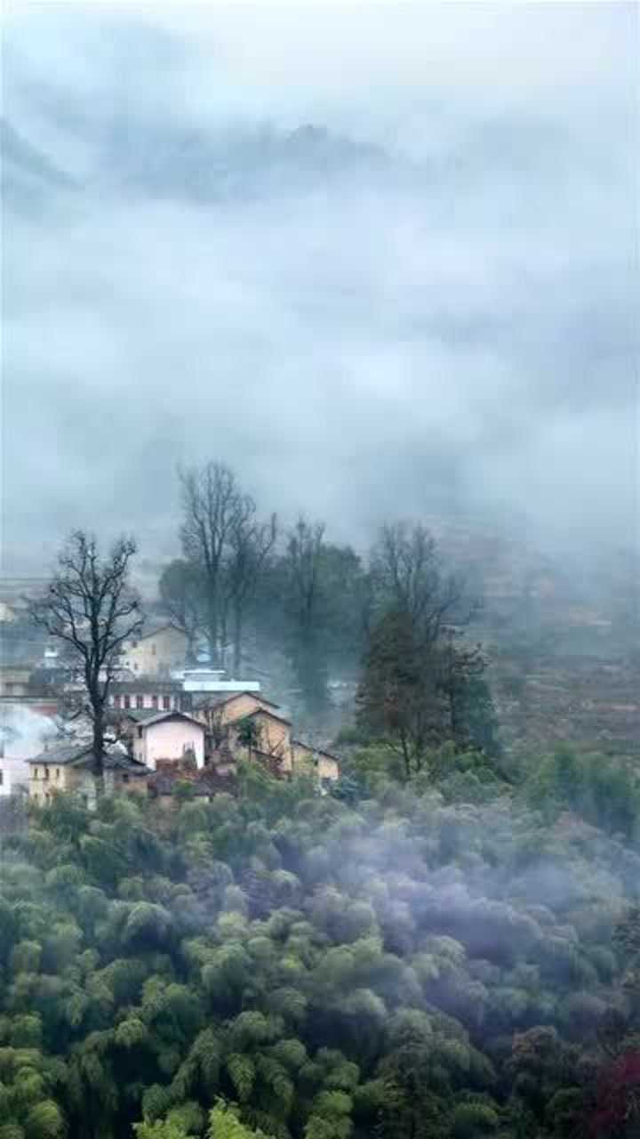 站在对面山坡上看整个村子烟雨迷蒙云雾缭绕