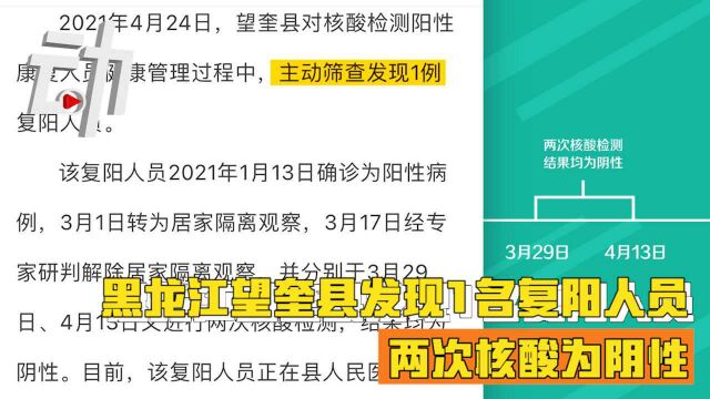 黑龙江望奎县发现1名复阳人员:解除隔离后两次核酸为阴性